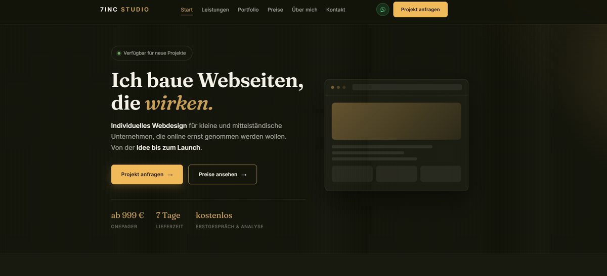 Startseite von 7INC Studio mit dunklem Design und goldenen Akzenten